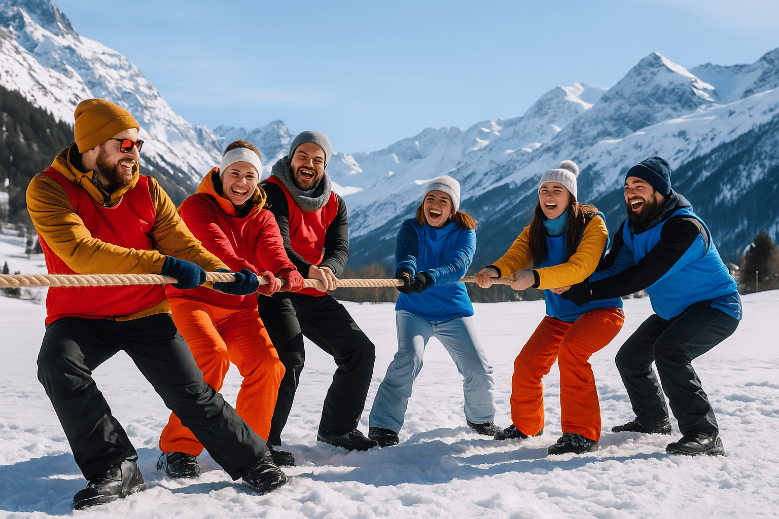 Participants heureux s'affrontant au tir à la corde dans la neige, lors d'un team building aux 2 Alpes, avec des dossards colorés pour chaque équipe.